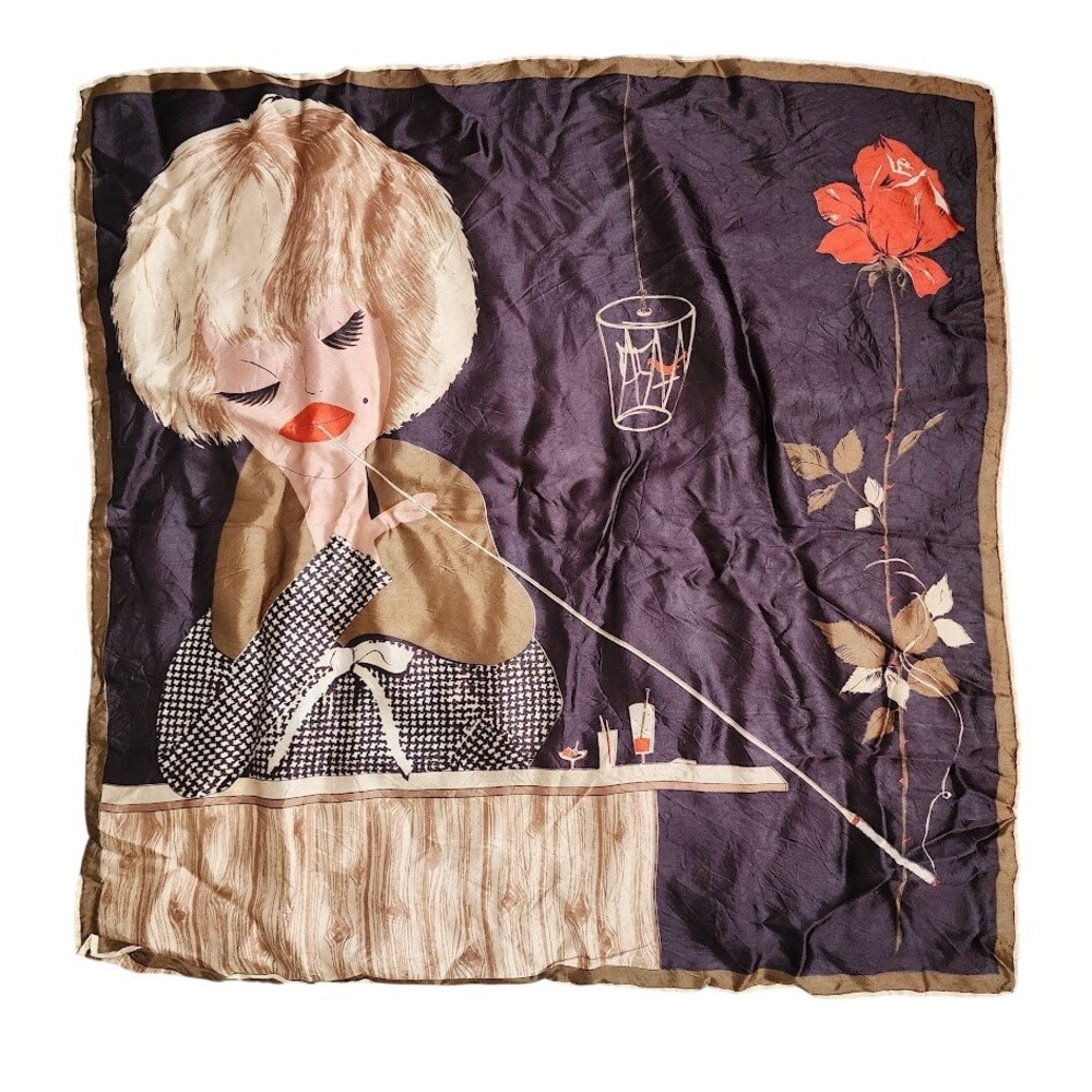 Vintage‎ 70s Silk Scarf Big Eye Woman Art Houndstooth Cigarette Holder Rose MCM